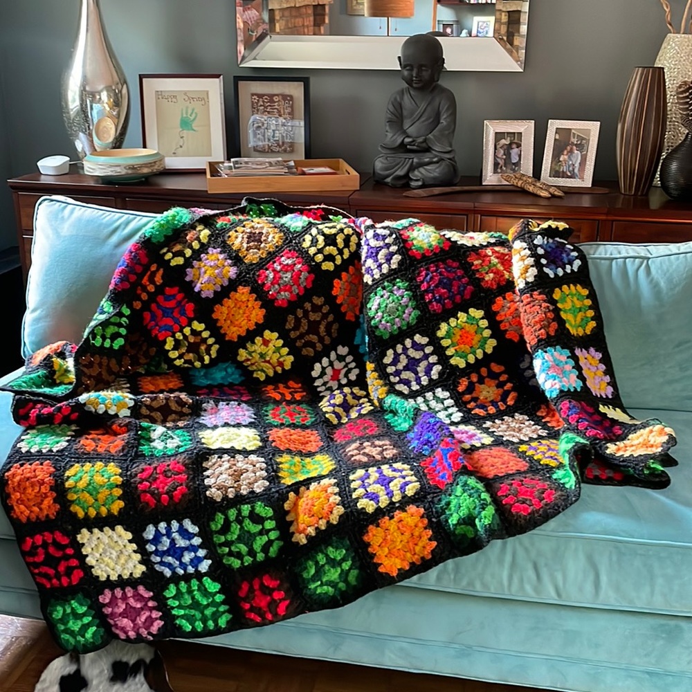 Vintage hand crocheted, granny, square, blanket